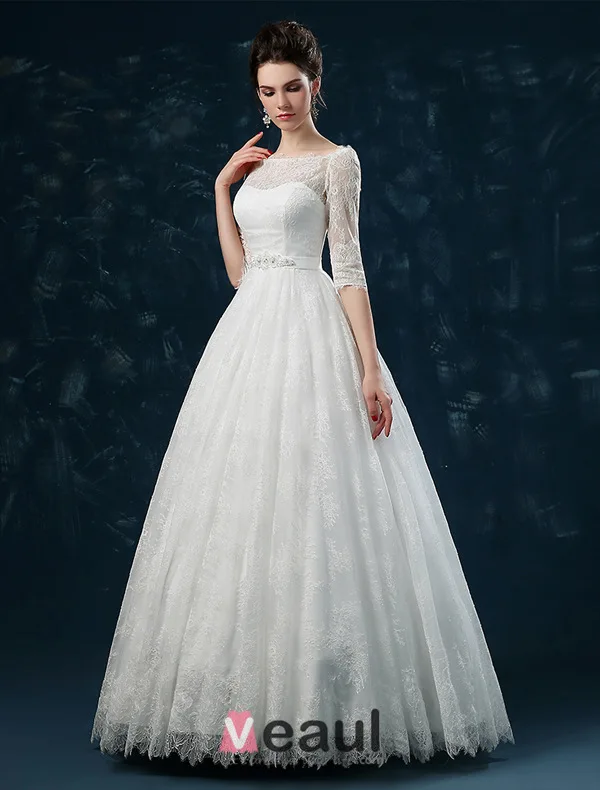 Élégante Princesse Une Ligne Épaules 1/2 Manches Robe De Mariée En Dentelle Brodée