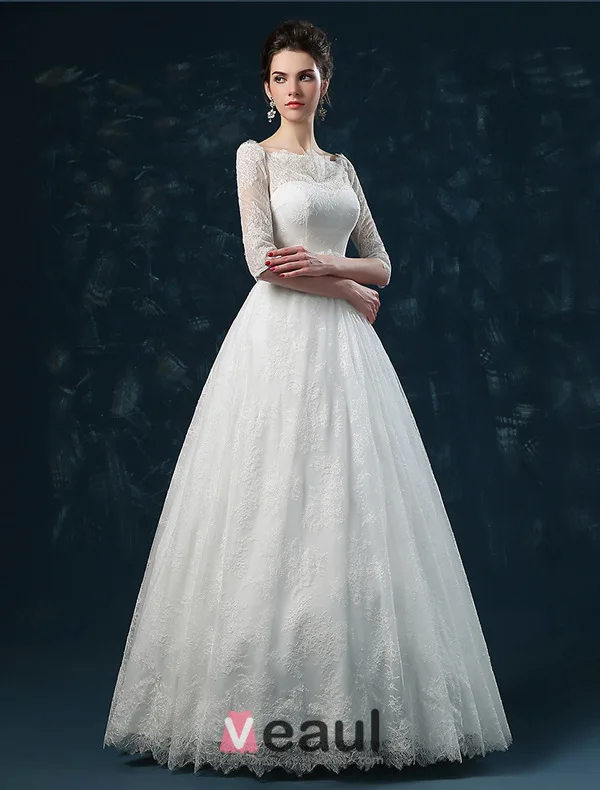Élégante Princesse Une Ligne Épaules 1/2 Manches Robe De Mariée En Dentelle Brodée