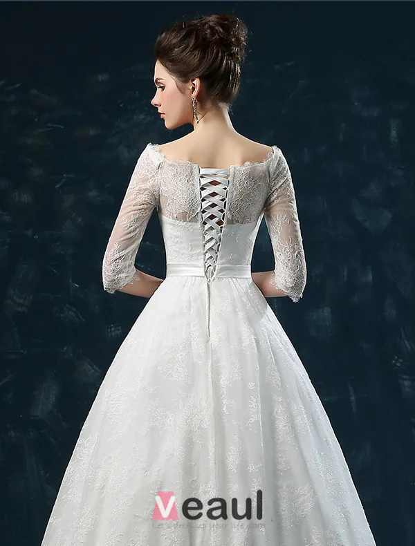 Élégante Princesse Une Ligne Épaules 1/2 Manches Robe De Mariée En Dentelle Brodée