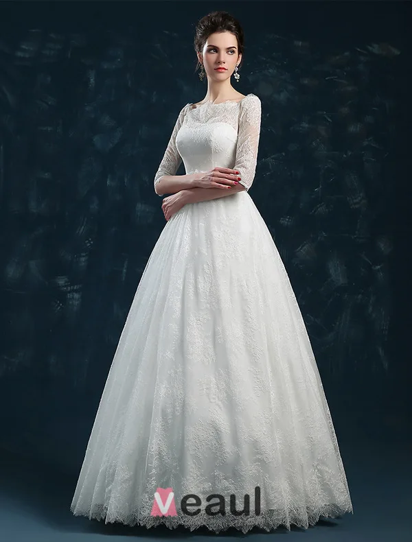 Élégante Princesse Une Ligne Épaules 1/2 Manches Robe De Mariée En Dentelle Brodée