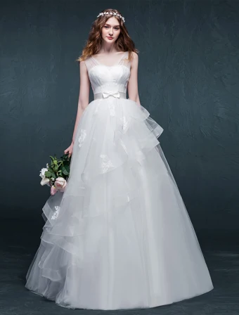 2015 A Line Shoulders Beading Pearls Bow Sash Ruffles Organza Wedding Dress