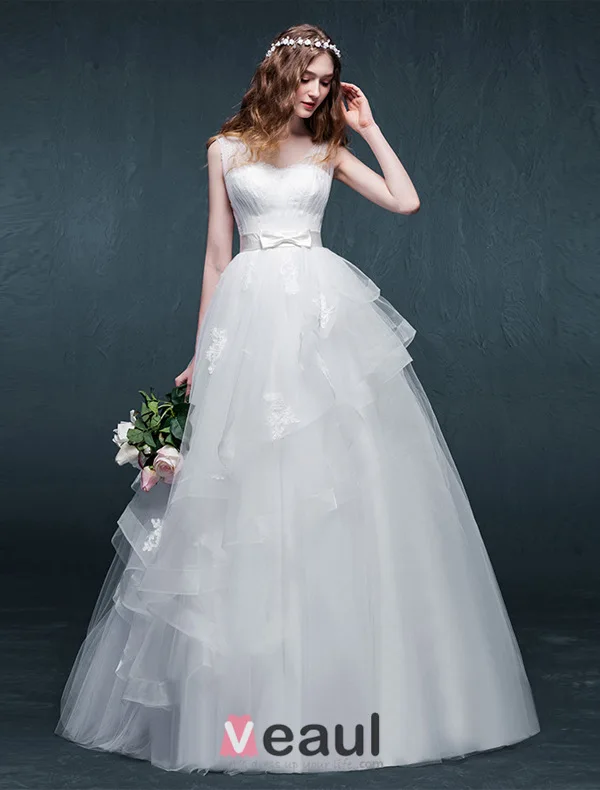 Épaules Un-ligne Perlage Perles Noeud Volants Guillotine Organza Robe De Mariée