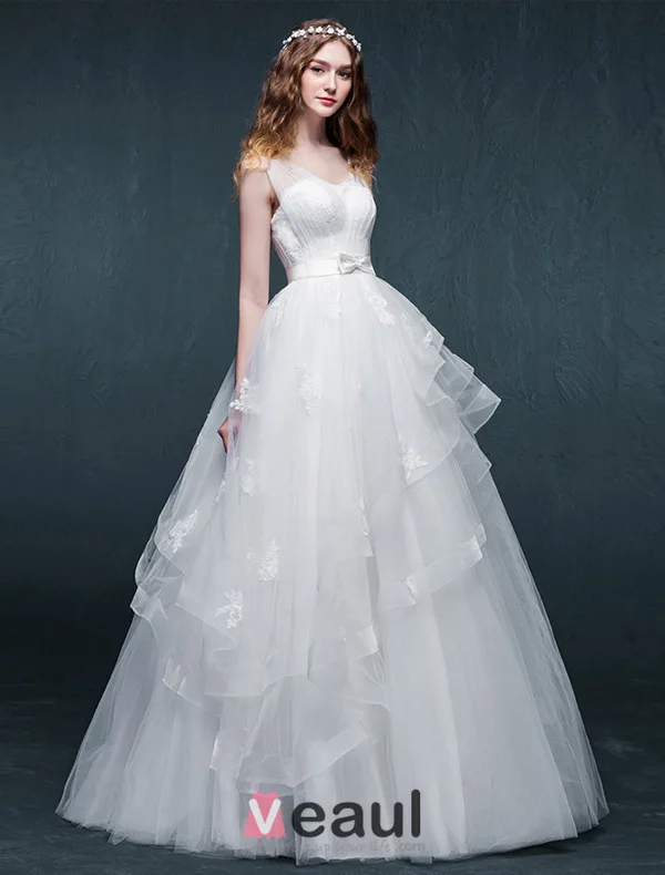 Épaules Un-ligne Perlage Perles Noeud Volants Guillotine Organza Robe De Mariée