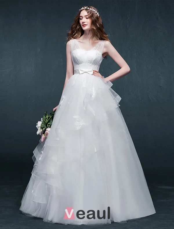 Épaules Un-ligne Perlage Perles Noeud Volants Guillotine Organza Robe De Mariée