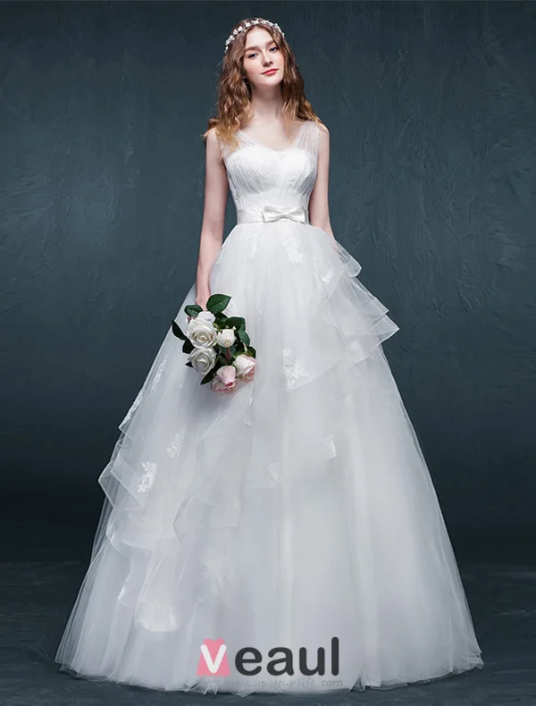 Épaules Un-ligne Perlage Perles Noeud Volants Guillotine Organza Robe De Mariée