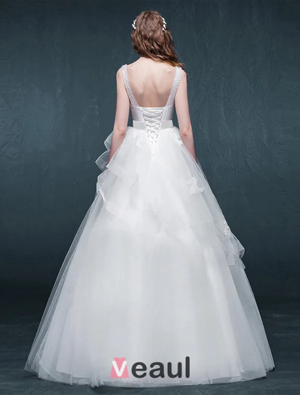 Épaules Un-ligne Perlage Perles Noeud Volants Guillotine Organza Robe De Mariée