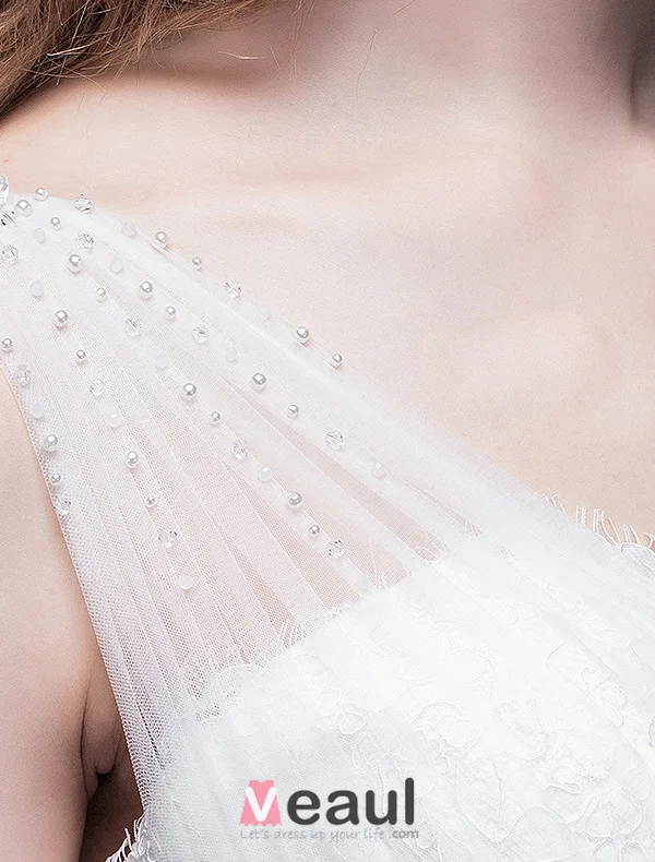 Épaules Un-ligne Perlage Perles Noeud Volants Guillotine Organza Robe De Mariée