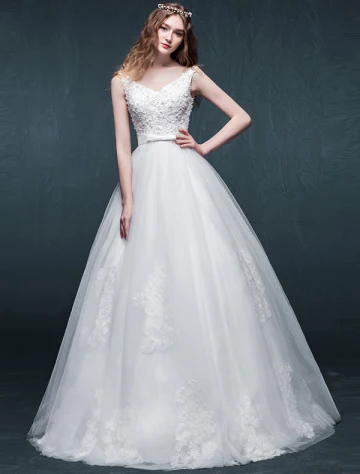 A Linje Skulder V Hals Beading Appliques Snøre Med Sash Organza Brudekjole