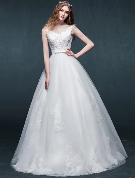 2015 A-line Shoulders V-neck Beading Appliques Lace With Sash Organza Wedding Dress