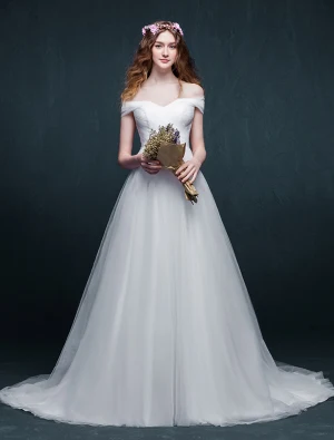 Simple Une Ligne Au Large De La Robe De Mariée En Organza Épaule À Volants