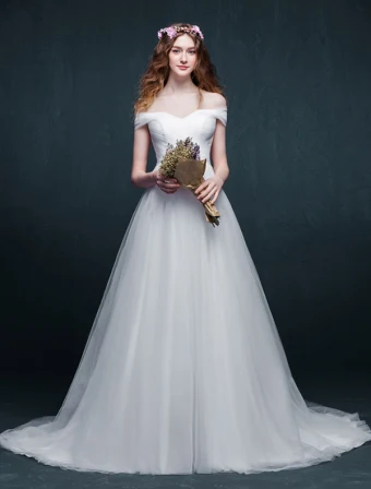 2015 Simple A Line Off The Shoulder Ruffle Organza Wedding Dress