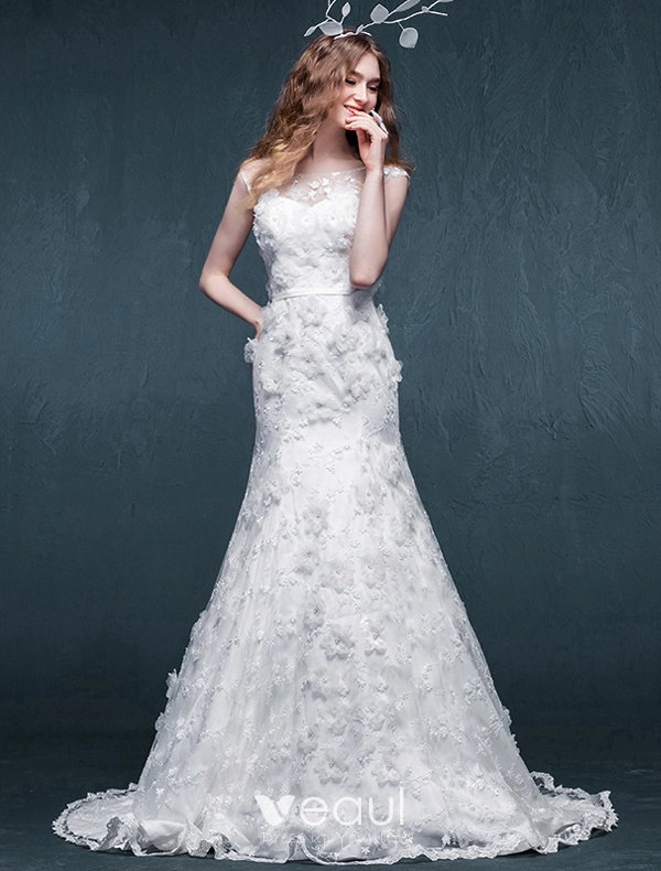 2015 Exquisite Trumpet Mermaid Applique Flowers Lace Wedding Dress 2015 Exquisite Trumpet Mermaid Applique Flowers Lace Wedding Dress