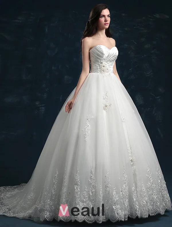 2015 Sweetheart Appliques Lace & Flowers Organza Ball Gown Wedding Dress