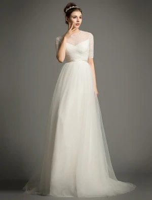 Paillettes Encolure Perles A Ligne Volants Robe De Mariée En Organza De Satin Ceinture