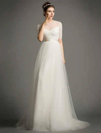 2015 A Line Scoop Neckline Beading Sequins Ruffles Satin Sash Organza Wedding Dress