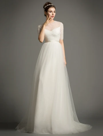 Paillettes Encolure Perles A Ligne Volants Robe De Mariée En Organza De Satin Ceinture
