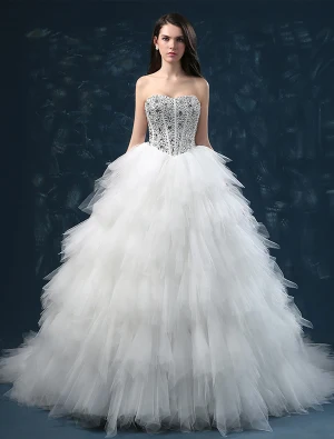 2015 Luxury Sweetheart Sleeveless Sequined Upper Corset Cascading Ruffles Ball Gown Wedding Dress
