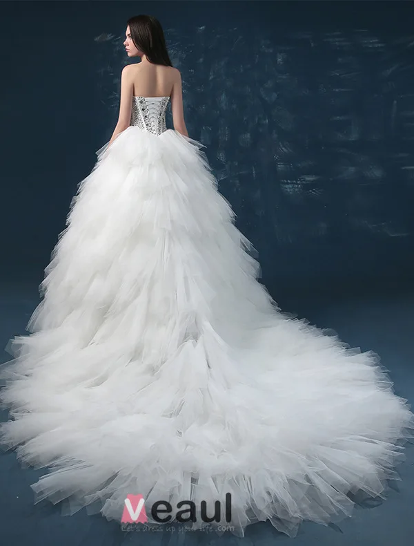 2015 Luxury Sweetheart Sleeveless Sequined Upper Corset Cascading Ruffles Ball Gown Wedding Dress