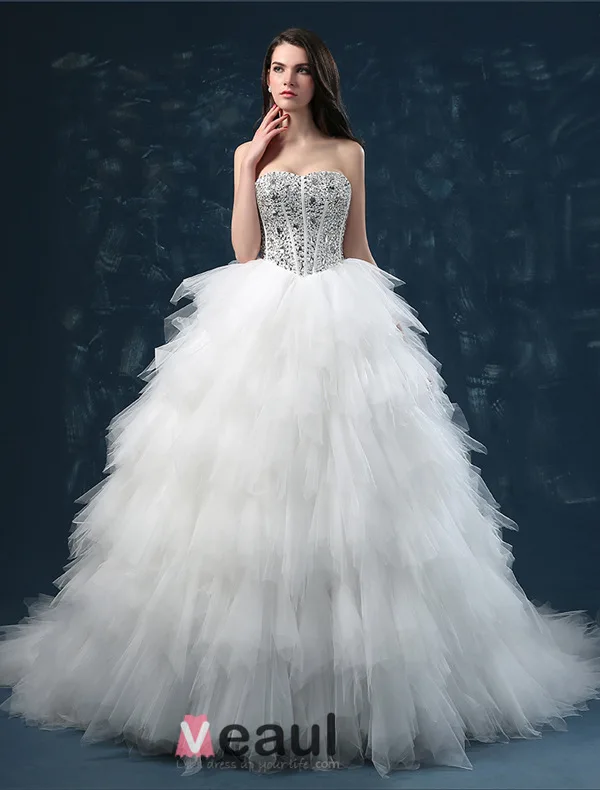 2015 Luxury Sweetheart Sleeveless Sequined Upper Corset Cascading Ruffles Ball Gown Wedding Dress