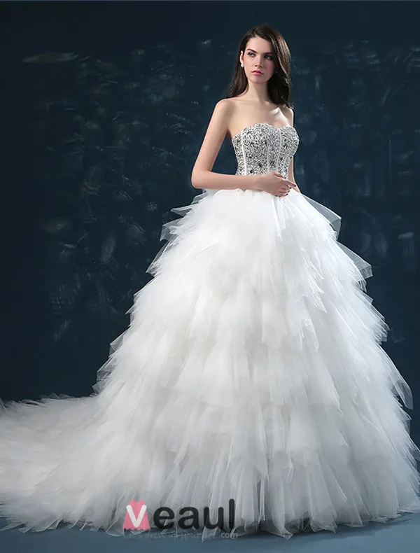 2015 Luxury Sweetheart Sleeveless Sequined Upper Corset Cascading Ruffles Ball Gown Wedding Dress