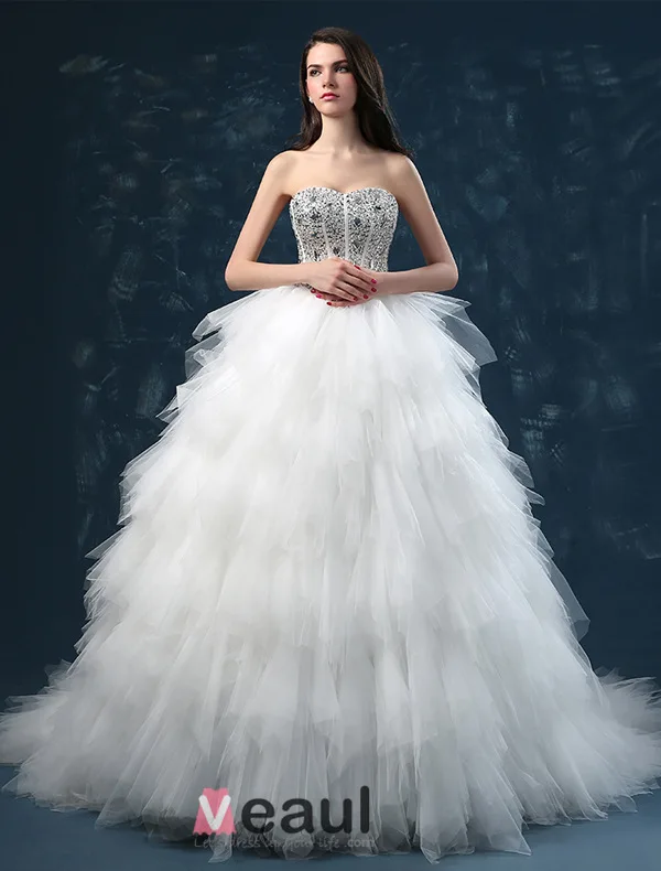 2015 Luxury Sweetheart Sleeveless Sequined Upper Corset Cascading Ruffles Ball Gown Wedding Dress