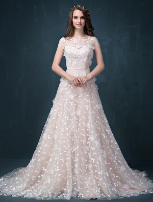 2015 A Line Princess Square Neckline Backless Appliques Beading Organza Wedding Dress