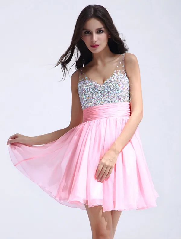 2015 Glitter Shoulders Sweetheart Sleeveless Sequins Crystal Short Chiffon Cocktail Dress Prom Dress