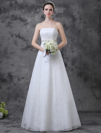 2015 Simple A Line Strapless Rhinestone Sash Lace Wedding Dress