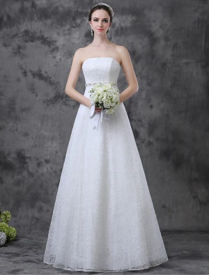 2015 Einfache A Linie Trägerlosen Schärpe Strass Spitze Brautkleid