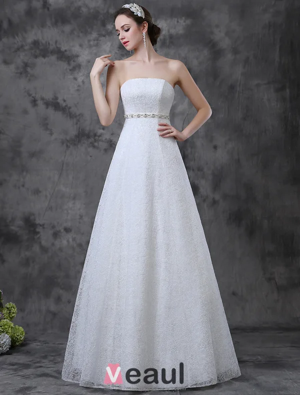 Simple Une Ligne De Robe De Mariée En Dentelle Bretelles Strass Ceinture