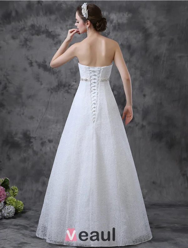 Simple Une Ligne De Robe De Mariée En Dentelle Bretelles Strass Ceinture