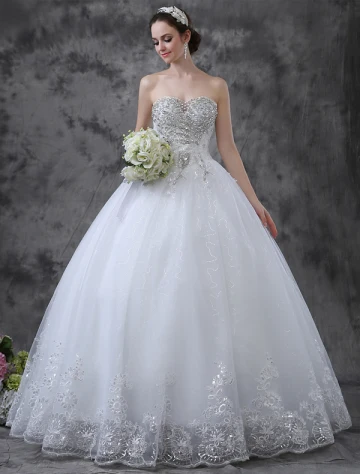 2015 Glitter Sweetheart Sequin Rhinestone Floor Length Lace Ball Gown Wedding Dress
