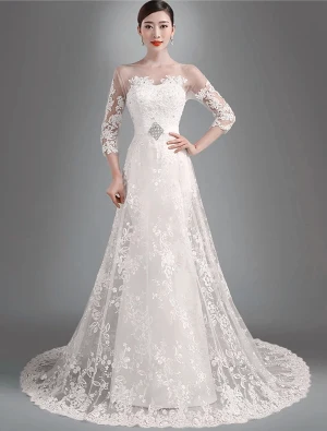 Élégant A Ligne Épaules Princesse Manches 3 4 Robe De Mariée En Organza Brodé