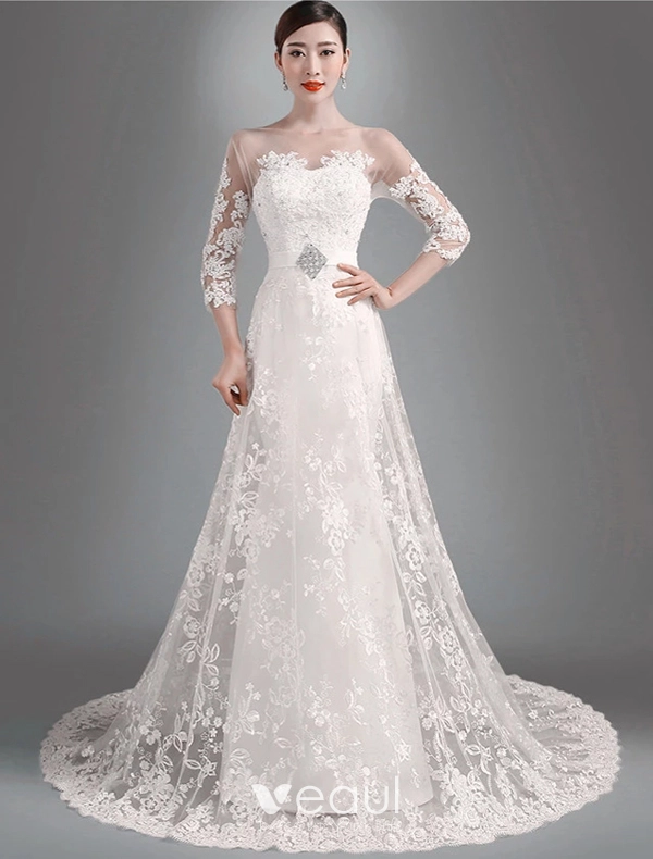 2015 Elegant A-line Princess Shoulders 3/4 Sleeves Embroidered Organza Wedding Dress