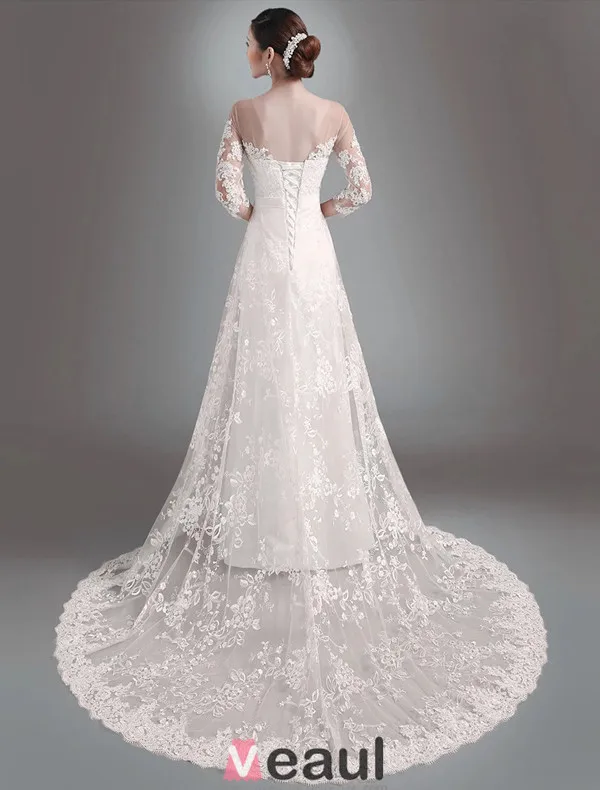 2015 Elegant A-line Princess Shoulders 3/4 Sleeves Embroidered Organza Wedding Dress