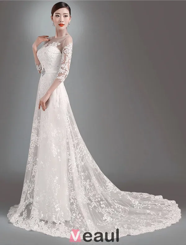 2015 Elegant A-line Princess Shoulders 3/4 Sleeves Embroidered Organza Wedding Dress