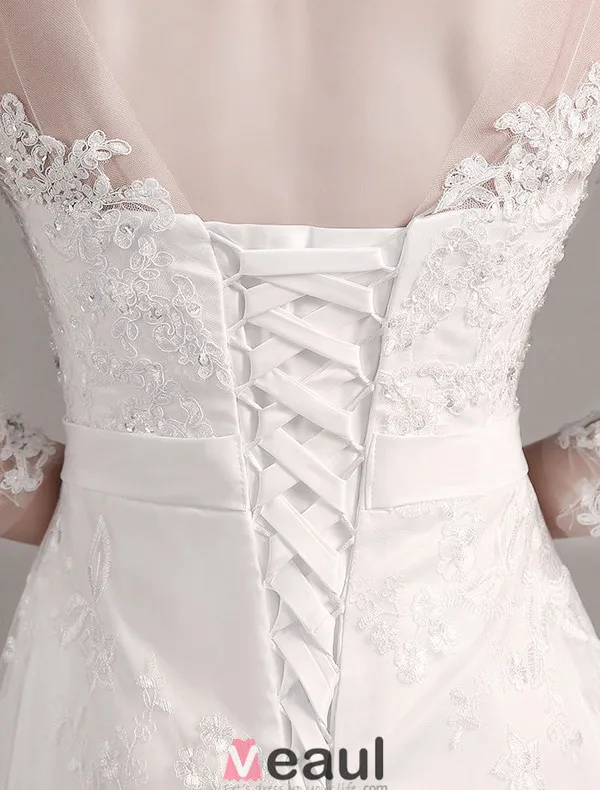 2015 Elegant A-line Princess Shoulders 3/4 Sleeves Embroidered Organza Wedding Dress