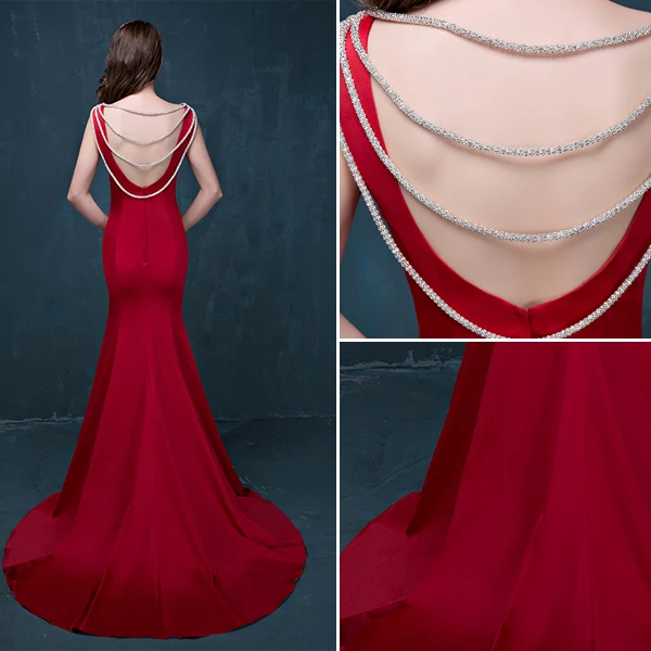 2015 Mermaid Simple Design Shoulders Sleeveless Red Satin Evening Dress