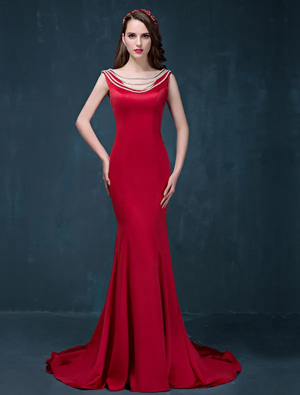 2015 Mermaid Simple Design Shoulders Sleeveless Red Satin Evening Dress