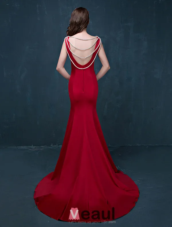 2015 Mermaid Simple Design Shoulders Sleeveless Red Satin Evening Dress