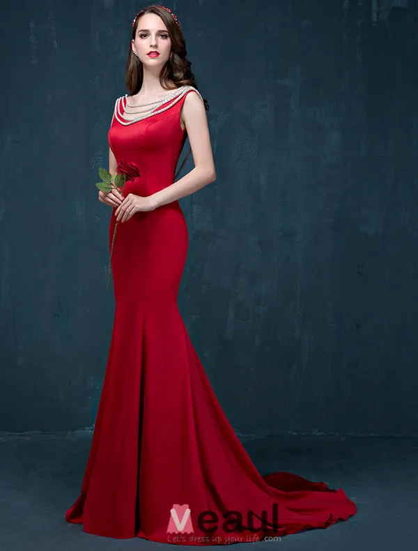 2015 Mermaid Simple Design Shoulders Sleeveless Red Satin Evening Dress