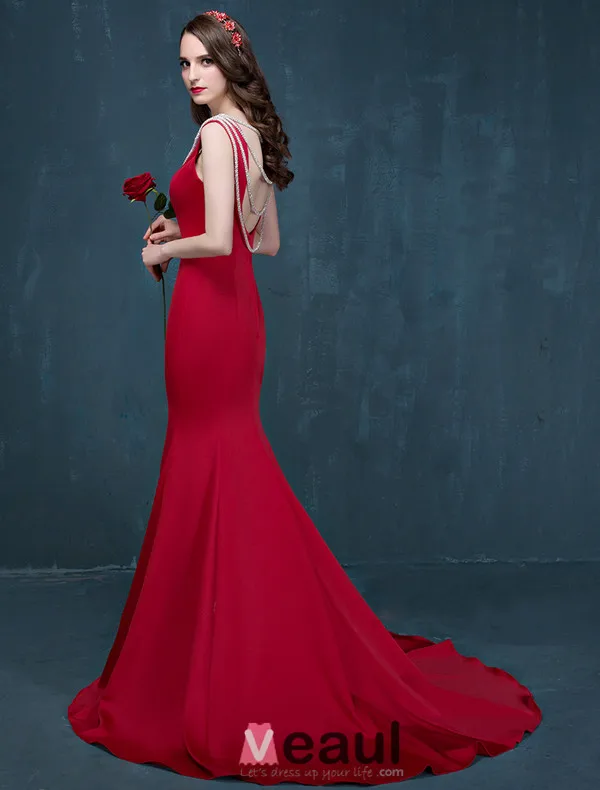 2015 Mermaid Simple Design Shoulders Sleeveless Red Satin Evening Dress