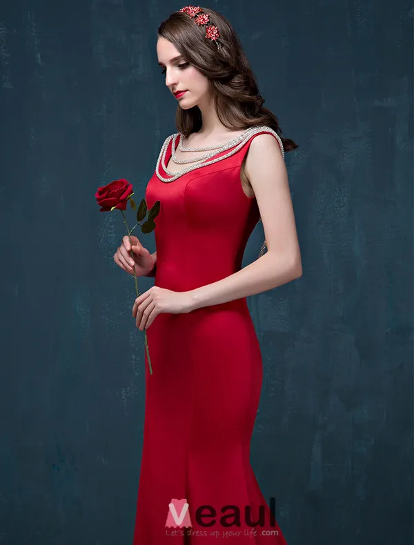 2015 Mermaid Simple Design Shoulders Sleeveless Red Satin Evening Dress