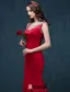 2015 Mermaid Simple Design Shoulders Sleeveless Red Satin Evening Dress