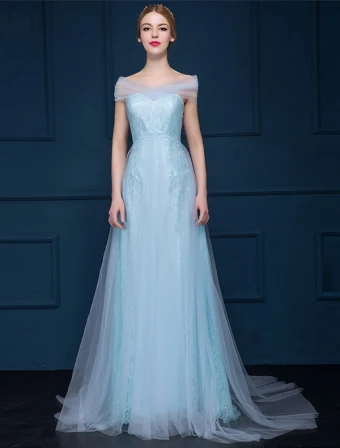 A Line Off The Shoulder Sweetheart Light Sky Blue Tulle Evening Dress
