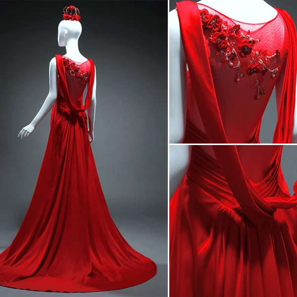 Simple A-line Square Neckline Beading Handmade Flowers Backless Classic Red Satin Evening Dress