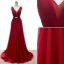 A-line Deep V-neck Glitter Rhinestone Sash Burgundy Tulle Evening Dress