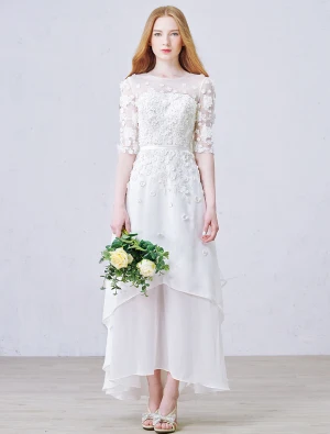 A Line Pierced Handmade Flowers Beach Lace Wedding Dress