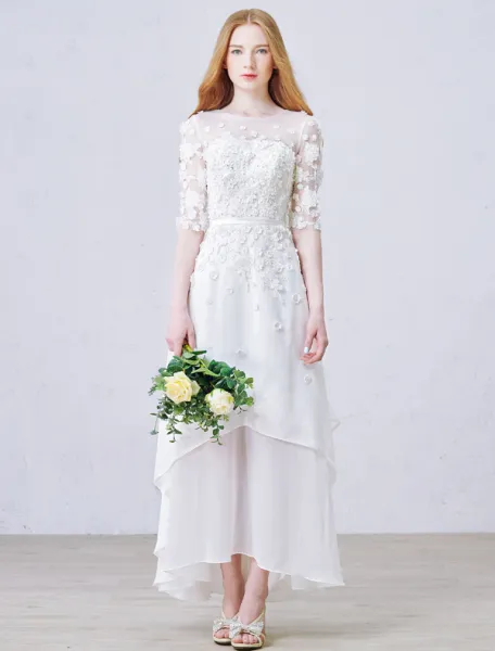 A-line Pierced Handmade Flowers Beach Lace Wedding Dress