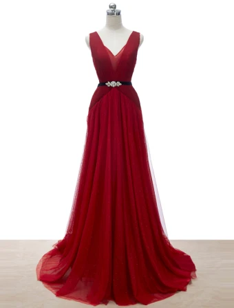 A Line Deep V Neck Glitter Rhinestone Sash Burgundy Tulle Evening Dress